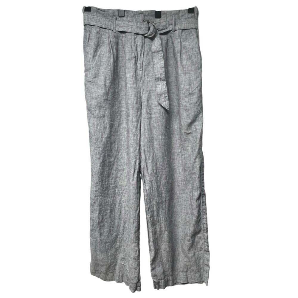 Wide Leg Belted Linen-Blend Pants - Gray